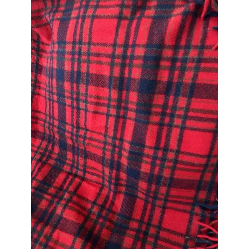 Vintage Pendleton Plaid 100% Wool Fringe Blanket Red Blue Made USA Approx. 52x72